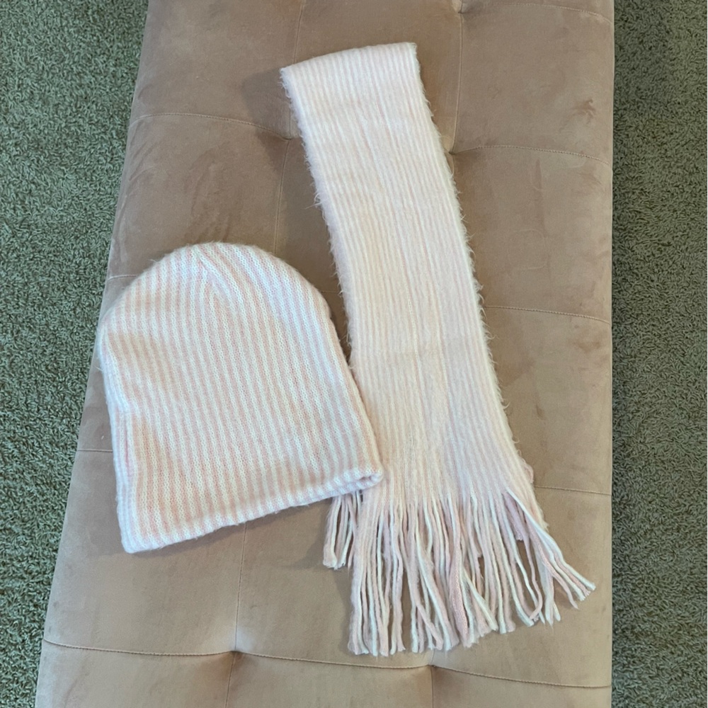 Pink White Scarf Beanie Set